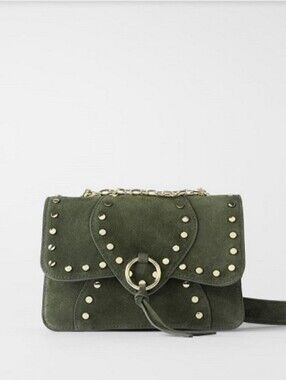 Zara Olive Green Studded Suede Shoulder Bag